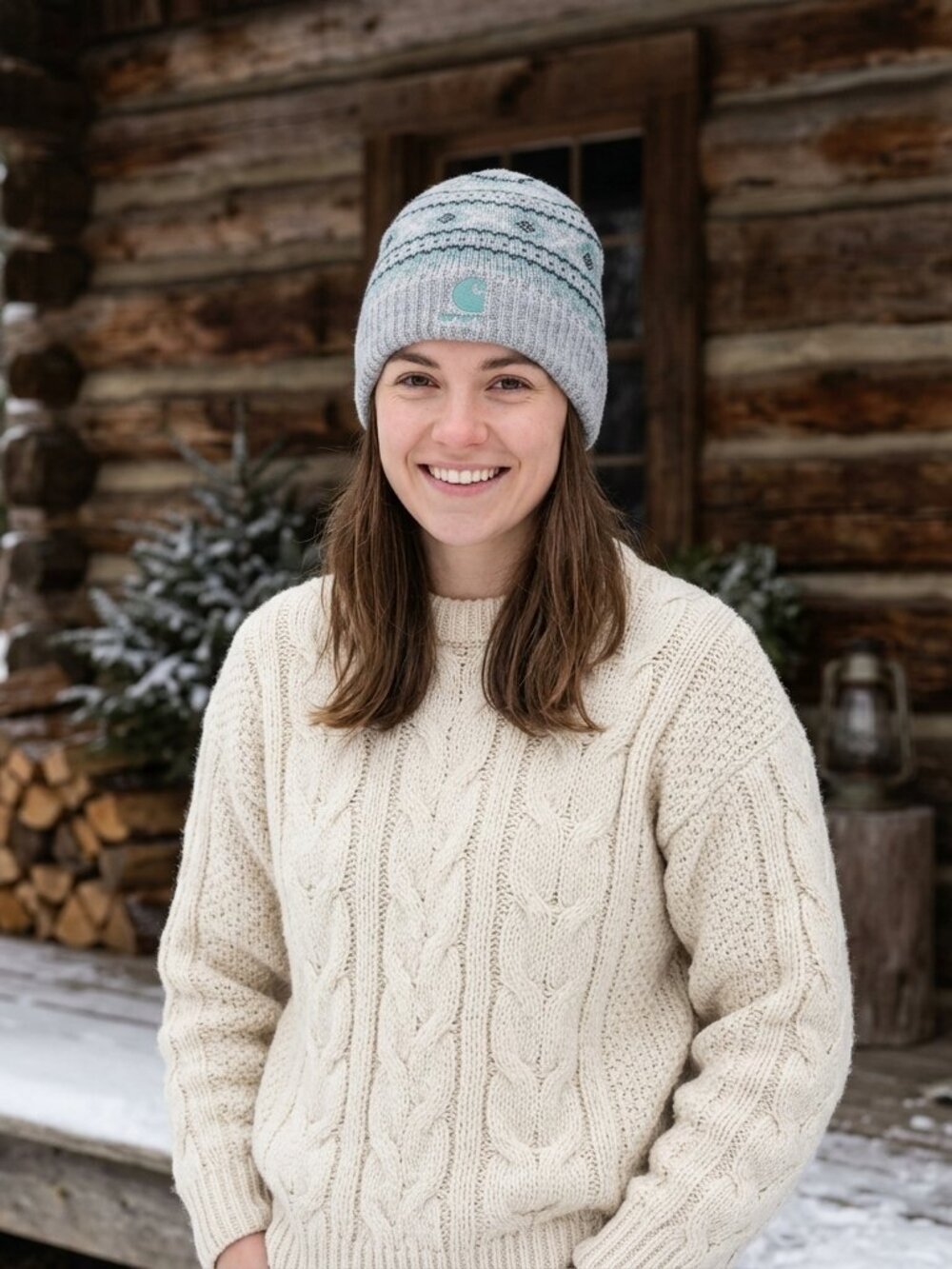 Carhartt Fair Isle Knit Beanie Grey Teal Wool Blend Winter Hat One Size Fits All
